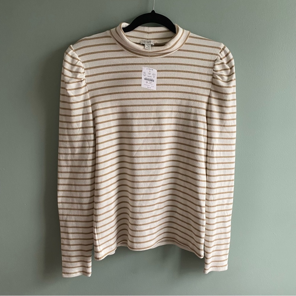 NWT J. crew Striped Cream and Gold metallic Long Puff Sleeve mock neck Top